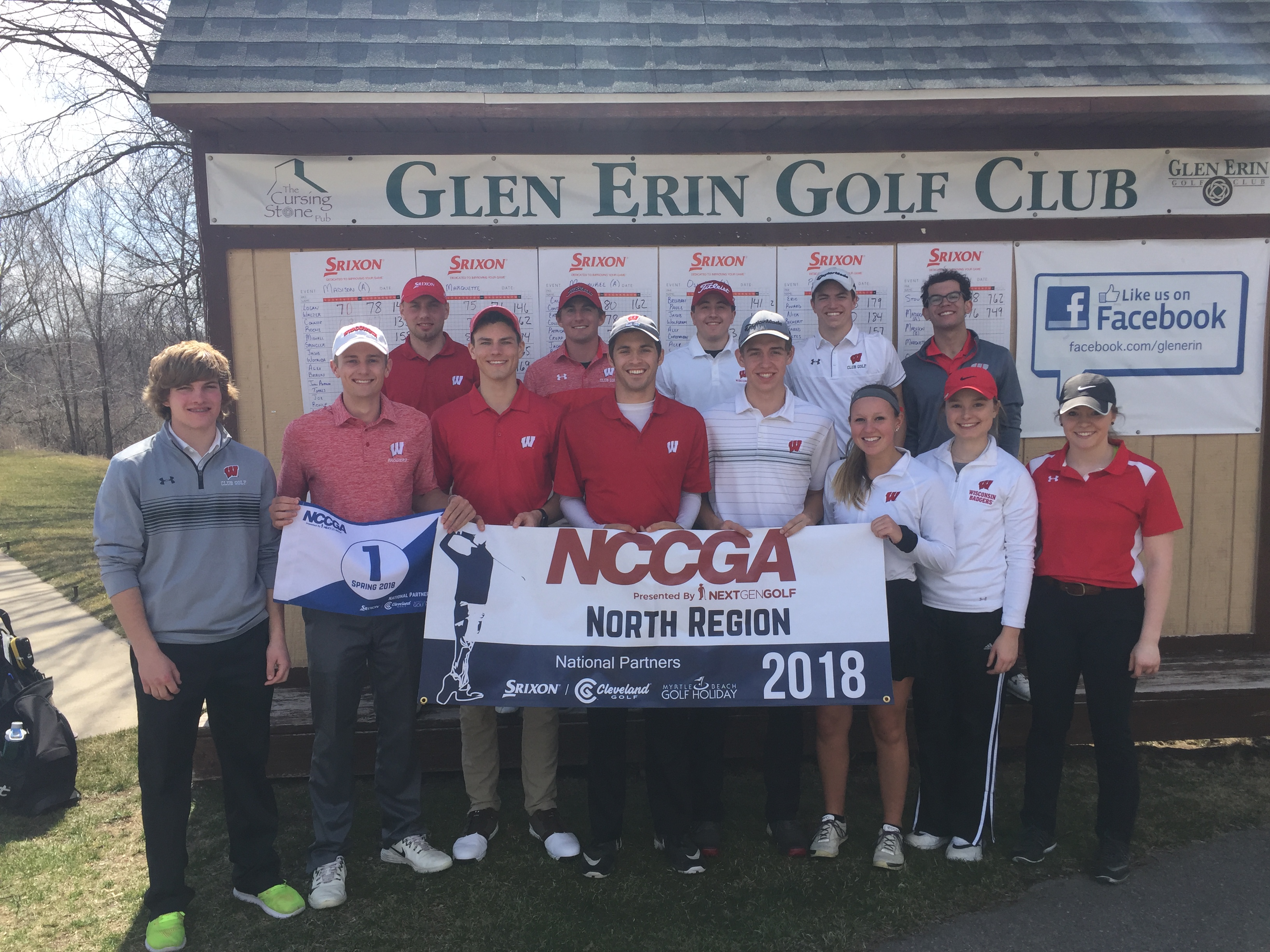 Photo of the UW Golf team standing together outside of the Glen Erin Golf Club