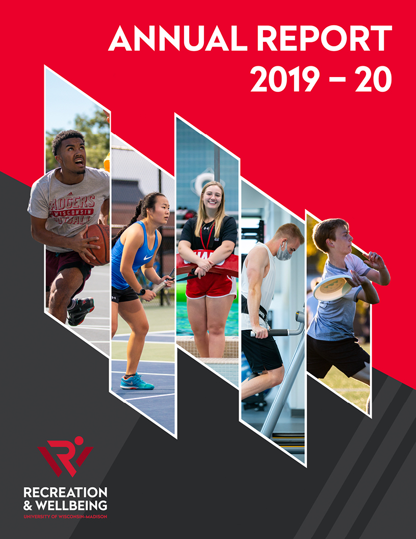 An image of the cover of the 2019 Recreation & Wellbeing annual report with a red and black background, the Rec Well logo, and photos of student participants in a variety of actiities
