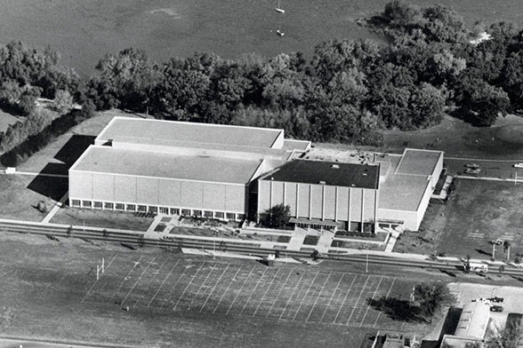 Image of the NAT. It is an eagle eye view and in black and white. Across from the NAT is a parking lot.