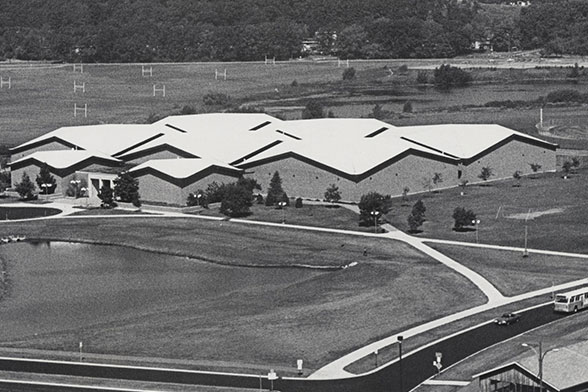 Black and white image of the Nielsen Tennis Stadium from when it opened in 1967