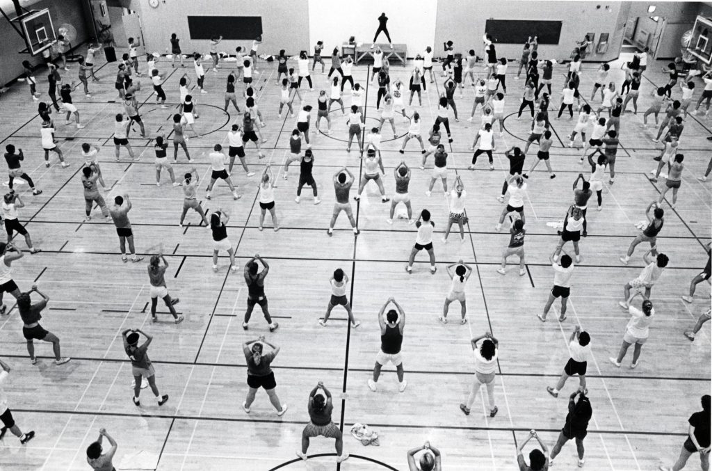 Exercise class at UW, at the Southeast Recreation Facility (SERF). June 1986.