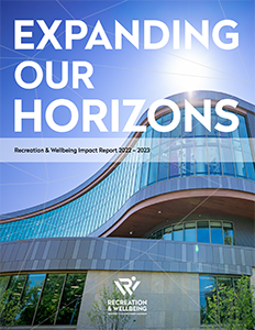 This is the cover of our 2022-23 Annual Report. It features "Expanding our Horizons" across the top of the page. Underneath it is a gray bar that says "Recreation & Wellbeing Impact Report 2022-2023". Centered on the bottom of the page is our Rec Well logo in all white. The image underneath shows an exterior view of the Bakke Recreation & Wellbeing Center.
