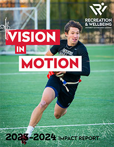 This is the cover of our 2023-24 Annual Report. It features "Vision in Motion" in the center of the page. The picture features is a student running playing flag football. At the bottom it says "2023-24 Impact Report. In the upper right corner of the page is our Rec Well logo in all white.