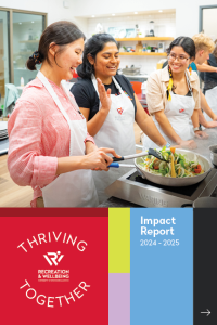 Cover of the University of Wisconsin–Madison Recreation & Wellbeing 2024–2025 Impact Report titled “Thriving Together.” The cover introduces the annual report highlighting the programs, community impact, and student engagement supported by Rec Well throughout the year.