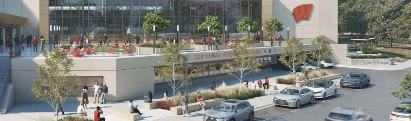 An image of an exterior rendering of the Camp Randall Fitness Center. Cars are parked along the street and pedestrians are in front of the building.